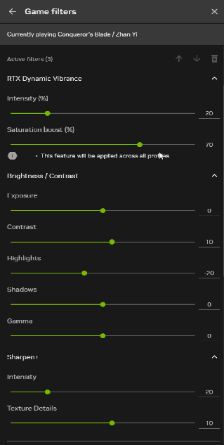 NVIDIA game filter settings